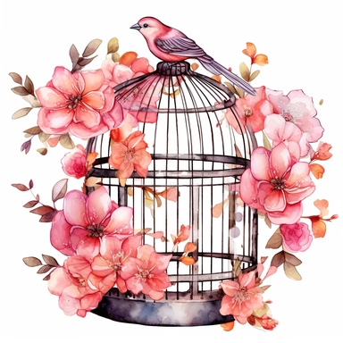 Pink flower bird cage illustration clipart, detailed, black outline, white background, 4k, watercolor, digital art