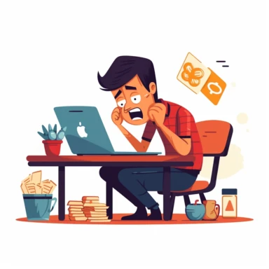 cartoon minimal clipart. frustrated worker sitting at desk with money on screen