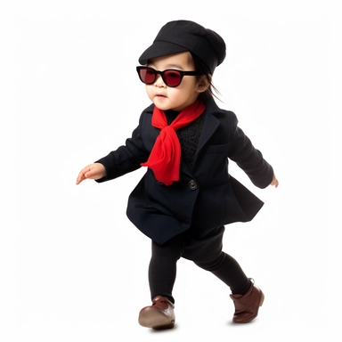 Singer Yoko Ono as a 2 year old toddler, wearing a classic black satin chanel dress, red shoes, red velvet bowler hat, gold silk scarf, dancing, irradiant facial expression, plain white background, clipart