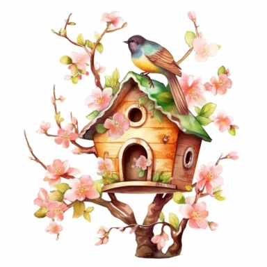 vector clipart, isolated on white background, beautiful lovely Watercolor Spring wooden bird house hanging on the tree with small fruits, ornated, vivid and saturated colors