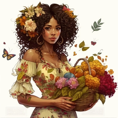 a gorgeous Indian woman, curly hair with ruffles, big basket with flowers in her hand, wool style, luxury, chain of flowers in the background, butterflies, dandelions, vibrant colors, dressed in several dresses, white background, clipart