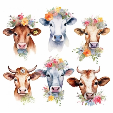 Watercolor 10 Floral Cows Baby Clipart, Cute Baby Cows, Farm Animals Clipart,Watercolor Cows with Floral on their heads, Free-cut on an all-white background, no shadows, primary colors, maximum contrasts, no typography