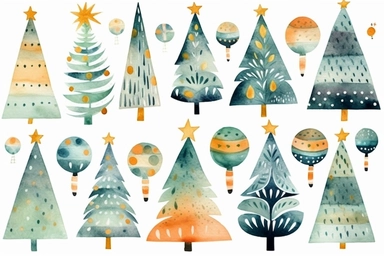 christmas tree and ornament clipart, in the style of whimsical watercolor, ornamental, festive atmosphere