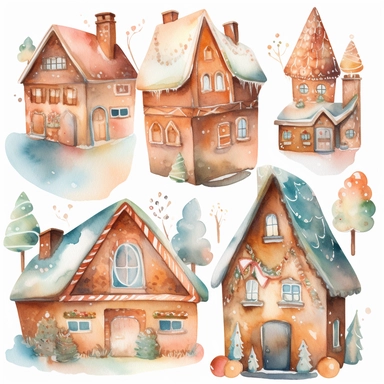 Generate a series of watercolor clipart images inspired by the magic of Christmas. Include elements such as gingerbread houses, reindeer, snowmen, and Christmas trees. The images should have a soft, dreamy quality with clear lines and delicate, watercolor hues. The clipart should be perfect for use in scrapbooking, card-making, and other festive projects.