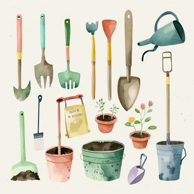 simple child-like watercolor clipart on a white background, gardening tools, rake, shovel, small shovel, hoe, seed packets all separate and not touching