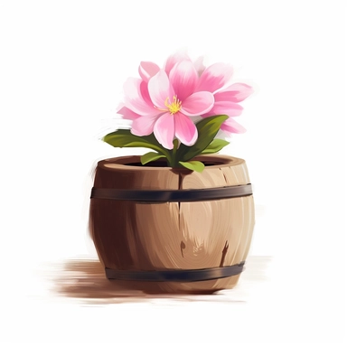 pink Flower inside a brown wood Pot Clipart in the style of oil painting, clean lines on a white background