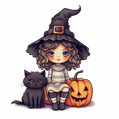hand drawn halloween clipart , cute witch and black cat ,darla danilova, yeticrab, single object,png,transparent background ,so quite style, white background for removing background - - no text shadow font watermark
