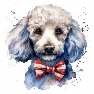 watercolor clipart illustration of a poodle wearing a bandana, red white and blue, hand painted details, clean and simple designs, solid background color, spaced out