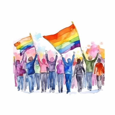 watercolour lgbt pride rainbow flags being waved in a crowd, detailed clipart image, high resolution, sublimation, cartoon