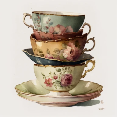vintage old school tea cups stacked onto each other, watercolour clipart, olden days