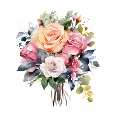 watercolor painted bouquet of mixed colored roses clipart, Flower Border clipart, Minimalist Flower Bouquet clipart, mixed colored roses Clipart roses painting formal glamour elegant style wedding floral bouquet, wedding clipart include babys breath flowers in the bouquet 4