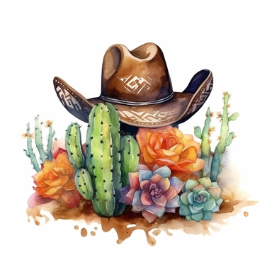 Create a radiant watercolor clipart illustration on a white isolated background vector, featuring an elegantly detailed leather cowboy hat adorned with intricate and colorful floral designs, gracefully positioned on the sandy desert floor, casting a shadow beside a magnificent cactus plant. Infuse the artistic style of Shirley Trevena, a renowned watercolor artist known for her bold use of color and experimental techniques, to create a composition that celebrates the interplay of vibrant hues an