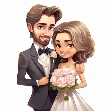 portret of a Cartoon wedding pair, just married, cute family, style by Lusy Fleming, clipart elements, smooth gradients, black contour outline, ultra detailed, white background, super clear, high quality