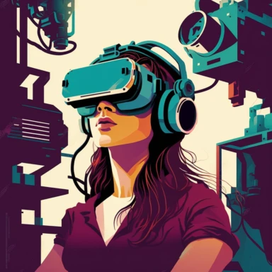 vr headset, virtual reality, industrial worker, woman, poster, learning in vr gogle, repairing machine, simplistic, abstract, vector, 2d illustration, clipart, few colors, industrial, hi-tech