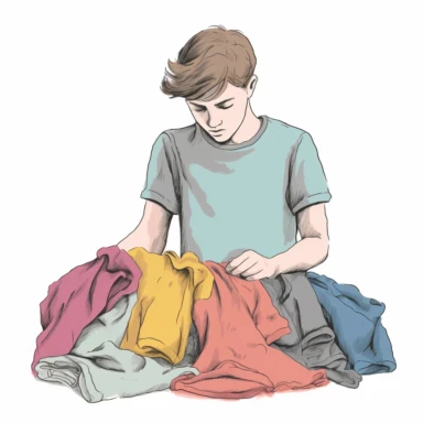 color drawing of a male teenager in the act of putting on clothes. His hair is short and mussed up. The style is simplistic and used for clipart and thumbnail. Plain white background.