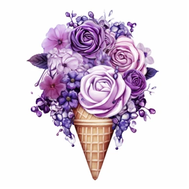 watercolor an ice cream cone is filled with purple flowers, in the style of monochromatic palettes, made of flowers, collage-inspired, berrypunk, floral accents, hatecore, crisp Clipart desert cartoon t-shirt graphic, vector, contour, isolated on a white background