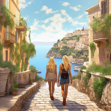 panoramic view, full view, landscape, two beautiful female best friends with blonde hair walking, smiling and chatting, beautiful faces, along a cobblestone walkway in a beautiful mediterranean town with view of beautiful blue water, cascading bougavanelia, beautiful summer day, illustration clipart, photo realistic, romantic, fantasy, ethereal, sharp focus, high detail,