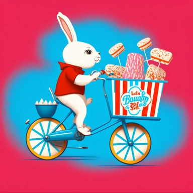 Cheerful white rabbit in a blue shirt rides a bicycle and carries a cart with sweets vector style clipart on a red background