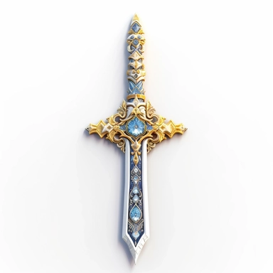 Create a mesmerizing clipart of a legendary sword against a pristine white background. The sword should be forged with exquisite craftsmanship, with an adorned hilt featuring intricate patterns and gemstones. Depict a radiant glow along the blade, hinting at its mythical powers.