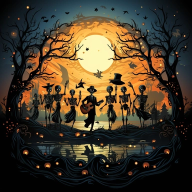 Spooky Skeleton Dance - A vibrant depicting whimsical skeletons in different dance poses, set against a backdrop of moonlit cemetery and twinkling stars, creating a playful and festive Halloween mood.vector, clipart