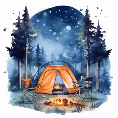 Camping style cute camping tent in the campground at the night with watercolor effect, night landcsape, camping tools, camping chairs and table, forest landscape, suitable for digital clipart, white background, fireflies in the sky