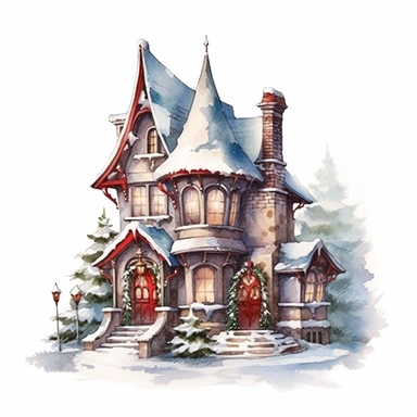 Watercolor, cute christmas santa house, magical, fantasy, clipart, white background detailed, 8k, high resolution, style of Sandi Mower, clean white background