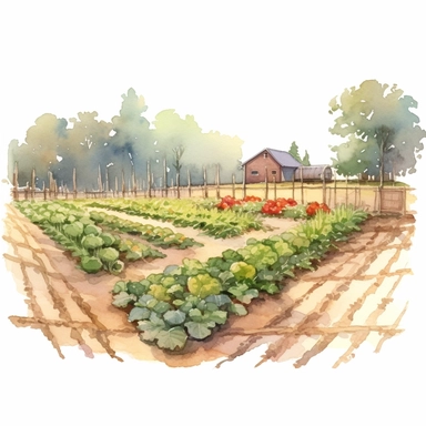 A depiction of a flourishing vegetable garden with rows of crops, highlighting the self-sufficiency and bounty of a farm, light watercolor, watercolor splash, few details, Studio Ghibli, clipart, white background