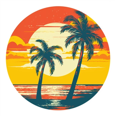 palm tree with sun in background, vector art, in the style of pop art, clipart, white background, rounded corners