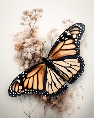 monarch butterfly, on white background beautiful multi - headed pale, Flora Design Patterns, Flemish Baroque by Rachel Ruysch, Behance, Rococo, Intricate Detailed, Soft Light Effect, Oil Paint Strokes, Light Academia Aesthetic Flowers, Lighting cinematic, all shown shimmering stamens, tyndall light, light effect, texture, colorful, 8k, fantasy, ray tracing, depth of field, vivid, spectacular lighting, octane rendering, highly detailed, ultra - realistic, white background, clipart