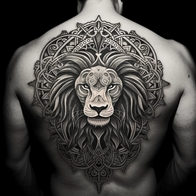 Design a majestic, black and white graphic tattoo that takes inspiration from the Persian 'shir-o-khorsheed' emblem. Feature a lion, standing fearless and calm, bathed in the glow of a radiant sun. The lion's features should be intricately detailed, a symbol of strength and authority. Ensure the sun's rays are bursting forth, giving the impression of a bright future and unfaltering optimism. Intertwine a Shamshir sword into the design, an emblem of courage and valor, perhaps held proudly by the 
