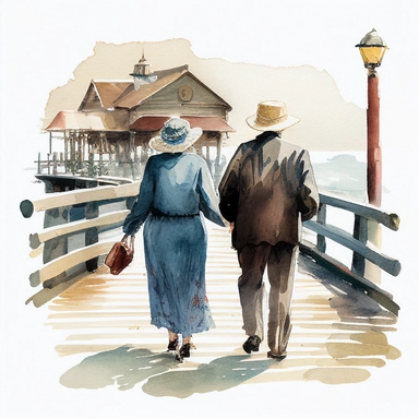 Old Couple Watercolor Clipart walking along a boardwalk with back towards us