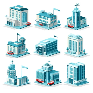 clipart style images of various hospitals. isolate on a white background