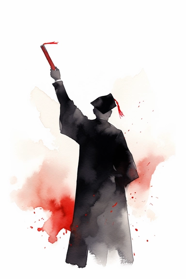 soft watercolor black red sillhouette of a proud happy male graduate holding a small thin scroll in the air, view from behind, clipart white background