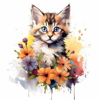 Beautiful colorful full body kitten on flowers, summer vibes, hand drawing digital art, clean design, sublimation, colorful, watercolor style, white background, 4K, extremely detailed, clipart