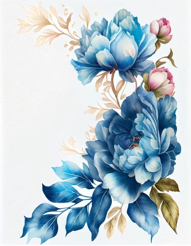detailed watercolor blue peony corner border , isolated on white background, realistic, clipart