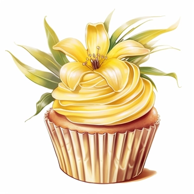 Design a clipart image of an banana cupcake in a watercolor style, with banana decoration and a topping. You can also add some colorful candy or chocolate chips to make it more attractive. You can add white flowers and green leaves to the design.