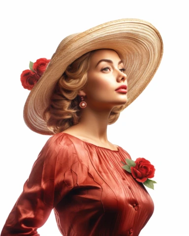 detailed beautiful lady facing side with vintage hat with red roses dressed in a vintage dress, hyper realistic, 8k, isolated on white backgorund, clipart