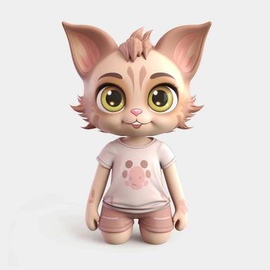 Front view of animated big eyed cat standing wearing t-shirt character design, full body, face drawing in top quality, high quality face drawing, clipart, full illustration, 4k, sharp focus, skin. Soft, symmetrical, detailed face, concept art, fairy tale style, Chibi Kawaii. Octane rendering, 3D, perfect face, detailed face, delicate face, perfectly sharp lips. model, detailed eyes