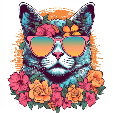 very detailed cutout design of a cartoonized cat wearing sunglasses, with retro summer sunset, and hippie roses, full color, laid flat on white background, vector illustration, flat comic style by Jim Steranko, Sublimation Clipart ,Cartoon,hyper realistic, intricate detail, illustration style,high solution,on the white background