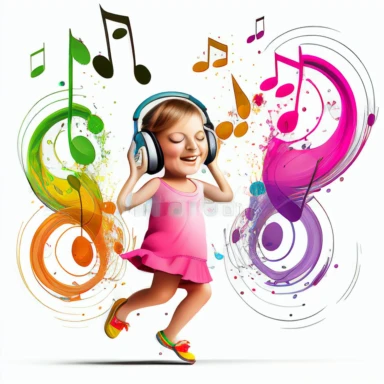 a 4 year old happy girl with clear face wearing colourful frock listening to music and dancing, with 2-3 music symbols entering to the girl ears in 3d clipart with white background