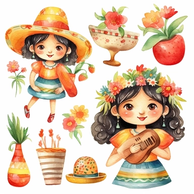 Watercolor cinco de mayo decorations, illustrations clipart set, simple, cinco de mayo colors, cartoon elements, different variants, cinco de mayo mexican hat, fiesta, mexican maracas, cute little girl with traditional mexican dress and hat, cinco de mayo sugar skulls, cinco de mayorose, separate elements with a margin