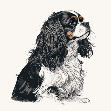 cavalier King Charles spaniel vector illustration, black and white, clipart style, simple clean bold lines, cartoonistic style, white background