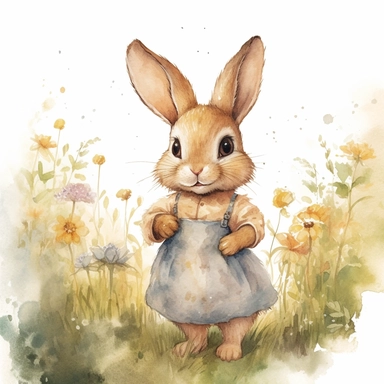 watercolour clipart illustration of cute shy modest baby bunny looking to the left wearing a beautiful detailed big vintage dress, standing in woodlands background on grass with flowers and nature on white background, in the style of hyper-realistic animal illustrations, i can't believe how beautiful this is, childlike illustrations, close up, earthy tones