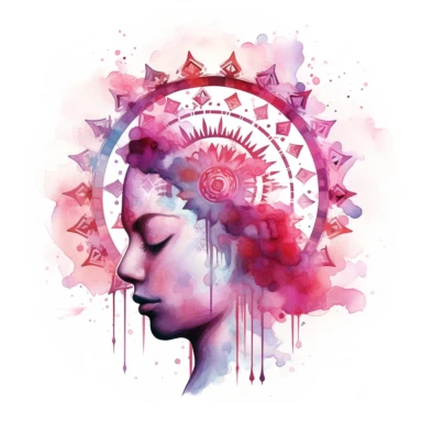 watercolor clipart of man, closed eyes, 3rd eye awakening, intricate sacred geometrical patterns, sparkles, vibrant reds and pinks, on white background