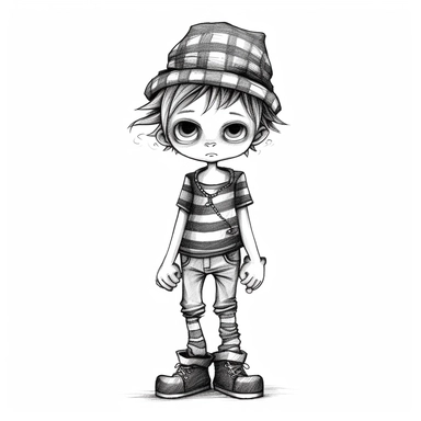 little boy doll style, thin black contour lines, jeans, sneakers, striped hat, spiky hair, cartoon, clipart, cute eyes, illustration for kids, disney,
