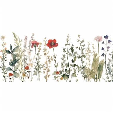 Pressed boho wild flowers cottagecore vintage botanical pastel floral nature flower garden with seamless border, clipart with white background –ar 293:151