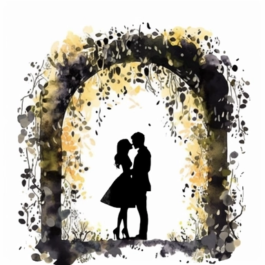 watercolor clipart with white background, black silhouette of bride and groom under an ivey covered arch with confetti in the air , cute and adorable, flat design,high quality--ar3:4--no mockups, watermarks, numbers, writing, letters--q2--v5.1--s1000