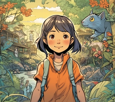 Blend of comic book art and lineart in a flat full color children's book in the style of Jilian Tamaki illustration. Yuna, an eight-year-old girl who recently immigrated to the United States from Japan. Despite the challenges of starting over in a new country, Yuna is a brave and adventurous spirit. She has a fair complexion, with rosy cheeks that glow with excitement when she explores her new surroundings. Her hair is long and straight, jet black in color, and often tied back in a high ponytail