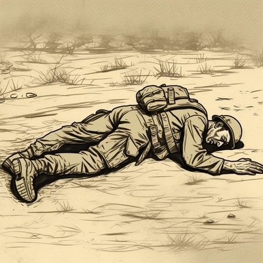 a dead body on the ground of an Israeli defense soldier , +whole body + side view + dark color tones+ vintage drawing style ,clipart drawing, clipart image, high definition drawing, clean colors, balanced colors, detailed drawing, image ratio 16:9 , aspects : high 1920 + width 1080