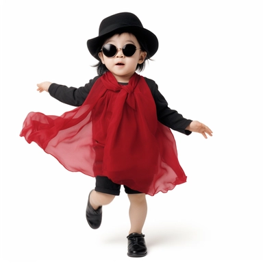 Singer Yoko Ono as a 2 year old toddler, wearing a classic black satin chanel dress, red shoes, red velvet bowler hat, gold silk scarf, dancing, irradiant facial expression, plain white background, clipart